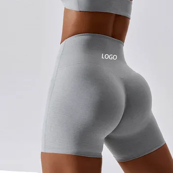 Изготовленная на заказ мягкая спортивная одежда с логотипом, женский силуэт, спортивная одежда для йоги с высокой талией, обтягивающие бедра шорты для фитнеса и йоги