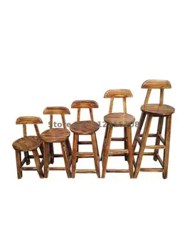 Барный стул из массива дерева, барный стул со спинкой, высокий табурет, простой высокий табурет, ретро барный стул, бытовой круглый табурет