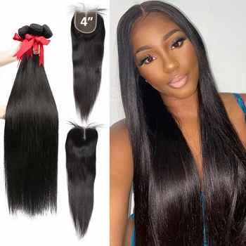 Прямые пучки бразильских волос длиной 28, 30, 32, 40 дюймов, 3, 4 пучка с кружевной застежкой 4X4, плетение из человеческих волос Remy для чернокожих женщин