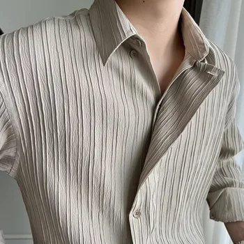 Высококачественная классическая мужская рубашка с длинным рукавом, плиссированные тонкие рубашки, верхняя Мужская одежда, осенняя мода, рубашка с лацканами на пуговицах, уличная одежда
