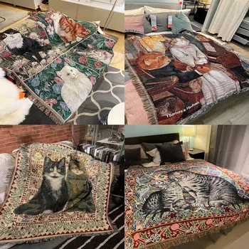 Картина маслом с американским котом, покрывало, милый кот, покрывало для дивана, Бохо, домашний декор, пылезащитное покрывало для кровати, Подарочный вязаный гобелен.