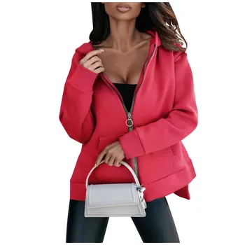 Женские осенние толстовки с капюшоном на молнии, толстовка Оверсайз, одежда повседневного покроя, куртки с карманами, верхняя одежда с капюшоном средней длины, осенняя куртка
