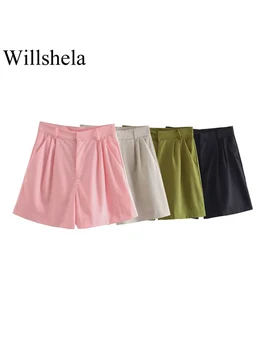 Willshela / женские модные однотонные плиссированные мини-шорты на молнии спереди, винтажные женские шорты с высокой талией, шикарные Женские шорты