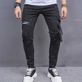 Мужские однотонные новые джинсы с дырками, модные уличные брюки для мужчин, уличные трендовые мужские джинсовые брюки, одежда, осенние брюки Y2k