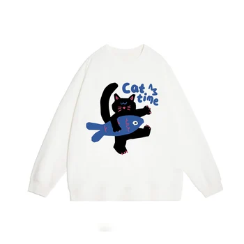 Мужской и женский свитер с круглым вырезом и принтом кота, Аниме, Зимний повседневный топ, Свободный свитер, Осень-зима 2023, уличный толстый пуловер