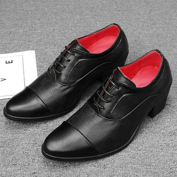 Кожаные модельные туфли без застежки на высоком каблуке, официальные 38-46, деловые, увеличивающие рост на 6 см, мужские туфли, свадебные, рабочие туфли для карьеры.