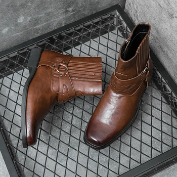 Короткие мужские ботинки в стиле ретро, легкие комфортные ботинки для улицы, Большой размер 48, мужские кожаные ботинки с боковой молнией, ковбойские сапоги в западном стиле