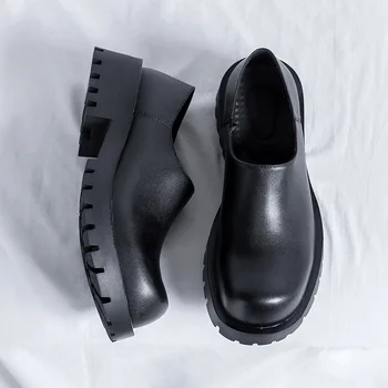 Кожаная обувь с большим носком, мужская уличная одежда, Темно-черная Модная повседневная винтажная обувь на толстой подошве, Кожаные лоферы на платформе с лифтом, Обувь
