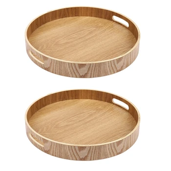 2 круглых сервировочных бамбуковых деревянных подноса для обеденных подносов, чайного батончика, контейнера для еды с ручкой для завтрака, лотка для хранения 3