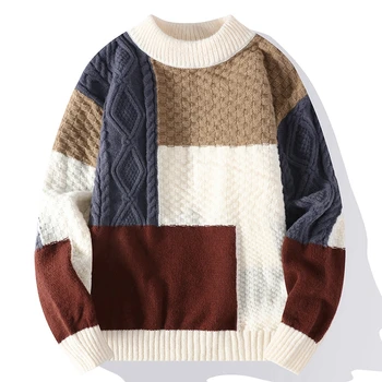 Новый Осенне-зимний свитер, мужские модные Вязаные пуловеры в стиле пэчворк, Мужские Повседневные свитера с круглым вырезом, Уличная одежда, Вязаный пуловер, Мужские