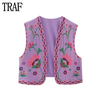 Женский жилет без рукавов с вышивкой TRAF 2023, укороченные жакеты с цветочным рисунком для женщин, Открытый Летний женский жилет в стиле бохо, уличная одежда, жилет