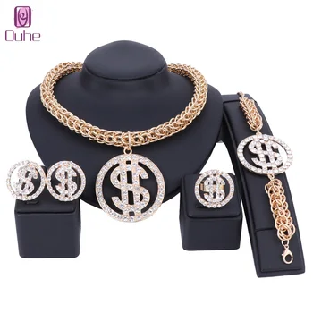 Ожерелье в долларах США, кулон, браслет, серьги, кольцо, Ювелирные наборы, Цепочка золотого цвета для женщин, украшения для вечеринок со стразами