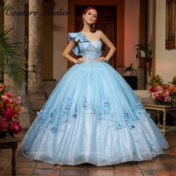 Оборки На Одно плечо Синие Цветы Аппликации Сверкающие Пышные Платья Бальное Платье Платье Принцессы vestidos de quinceanera aqua