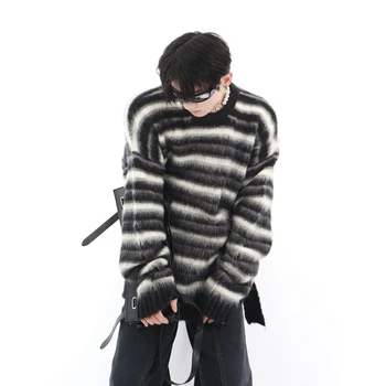 Нишевый дизайн, черно-белый полосатый мохеровый свитер с круглым вырезом, простой удобный индивидуальный свободный свитер, мужской теплый пуловер