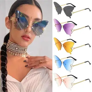 Солнцезащитные очки-бабочки без оправы с защитой от UV400, градиентные солнцезащитные очки в металлической оправе, негабаритные женские очки Y2K