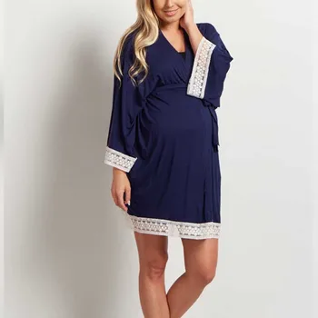 Кружевная однотонная одежда для беременных с рукавом семь четвертей, пижамное платье для кормящих