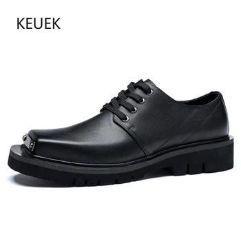Новые дизайнерские Черные Металлические Дерби с квадратным носком на толстой подошве, Мужские Повседневные Свадебные туфли высокого класса, Мужские туфли из натуральной кожи 5C