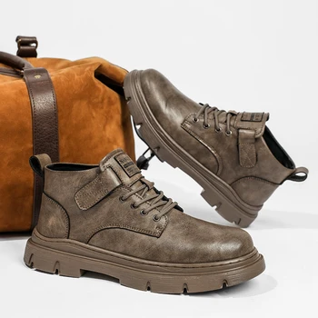 Осенне-зимние мужские ботинки из натуральной кожи, теплые плюшевые мужские ботильоны на толстой подошве, деловые короткие ботинки, уличная походная обувь