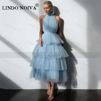 LINDO NOIVA Однотонное многоуровневое свадебное платье 2023 Vestido de Noiva Платье невесты с высоким воротом, тюлевая юбка Миди, свадебные платья