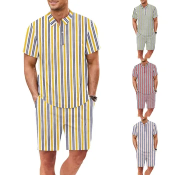 2023 Новая европейская и американская гавайская мужская одежда, Летняя с вертикальными полосками, повседневная спортивная рубашка, Костюм с короткими рукавами