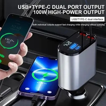 100 Вт 4 В 1 Выдвижное автомобильное зарядное устройство USB Type C Кабель для iPhone Huawei Samsung Шнур быстрой зарядки Адаптер прикуривателя