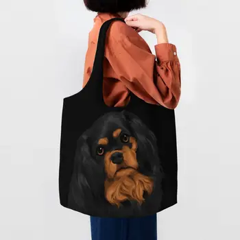 Наклонный черный кавалер Кинг Чарльз Спаниель, сумка для покупок, сумки для собак, холщовая сумка для покупок, вместительные сумки