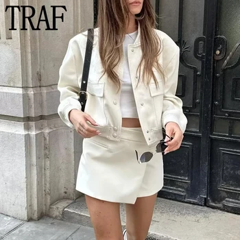 TRAF 2023, укороченная куртка-бомбер, женская осенняя белая куртка Оверсайз, женская модная уличная одежда с длинным рукавом, Новинка в коротких пальто