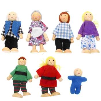 7 Шт Крошечные Куклы Взрослые Семейные Ролевые игрушки Количество Мини-фигурок Деревянные Люди Гибкий малыш