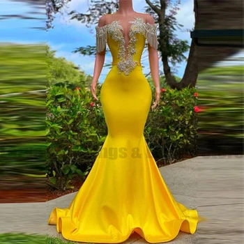 Желтые женские вечерние платья Великолепная бусина ручной работы, платья для выпускного вечера принцессы, атласные сексуальные платья с глубоким V-образным вырезом, вечерние платья знаменитостей