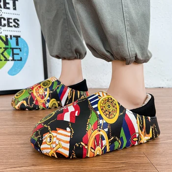 Новые мужские хлопчатобумажные тапочки с граффити, дизайнерские мужские тапочки в стиле хип-хоп, Удобные теплые Домашние плюшевые тапочки, Мужская зимняя домашняя обувь