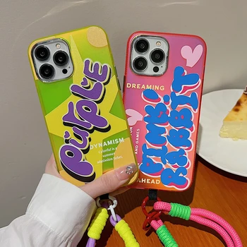 Модный чехол для телефона с надписью на шнурке с рисунком из мультфильма для iPhone 11 12 13 14 Pro Max Розово-фиолетовый акриловый противоударный защитный чехол Etui
