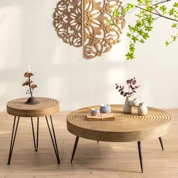 Деревянный круглый стол в японском винтажном минималистичном стиле Современный дизайн для гостиной Журнальный столик из массива дерева с железными ножками