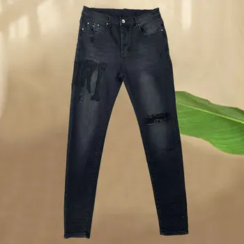Надпись в стиле хип-хоп, Рваные дизайнерские узкие джинсовые брюки, мужские Роскошные черные джинсы, мужские джинсы в стиле хай-стрит, панк-рок, Брендовые джинсы Jean Noir Homme