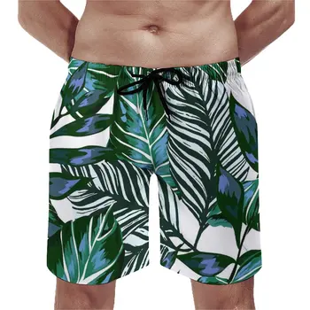 Летние пляжные шорты с пальмовыми листьями, зеленые спортивные пляжные шорты с принтом тропического леса, повседневные удобные пляжные плавки большого размера