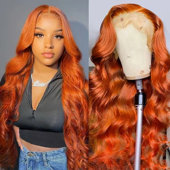 Имбирно-оранжевый 13x6 Кружевных передних париков из человеческих волос Объемная волна 13x4 Человеческих волос Кружевные передние парики Прозрачный Кружевной парик для женщин