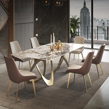 Прямоугольный обеденный стол из каменной плиты, Набор из 6 стульев, Золотая Мебель для домашнего декора, Роскошный Современный Лаконичный Кухонный стол из Спеченного камня
