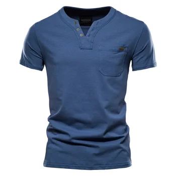 Летняя хлопковая футболка высшего качества для мужчин, однотонная дизайнерская футболка с V-образным вырезом, повседневная классическая мужская одежда, топы, футболки для мужчин.