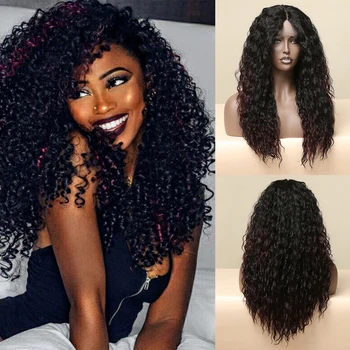 Длинный Кудрявый Кружевной Фронтальный Синтетический парик Черный Темно-красный Кружевной парик с глубокими волнами для женщин в афро-повседневном стиле с термостойкими волосами