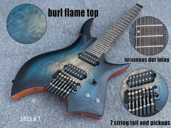 Электрогитара 7-Струнная Guitar Burl Flame Top Темно-синий Накладной Гриф Burst Rosewoood С Лунообразными И Роскошными Черными Деталями Хвоста