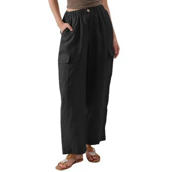 Женские повседневные Укороченные брюки-карго на пуговицах и шнурке, Свободные эластичные Широкие брюки с высокой талией и карманами, уличные брюки