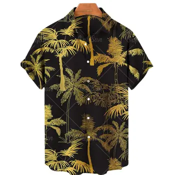 2022 Мужская гавайская рубашка с коротким рукавом и принтом кокосовой пальмы, рубашка с лацканами на одной пуговице, пляжная повседневная рубашка 5XL