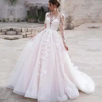 Элегантное свадебное платье принцессы с длинными рукавами 2023, Тюлевые кружевные аппликации, круглый вырез, пуговицы на спине, платья для невесты Vestido De Novia