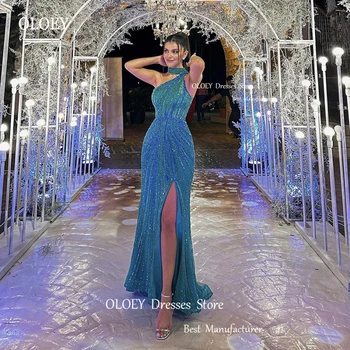 OLOEY Блестящие синие платья для выпускного вечера в стиле русалки с высоким вырезом и разрезом, длинные вечерние платья в стиле русалки в Дубае, Арабское женское вечернее платье
