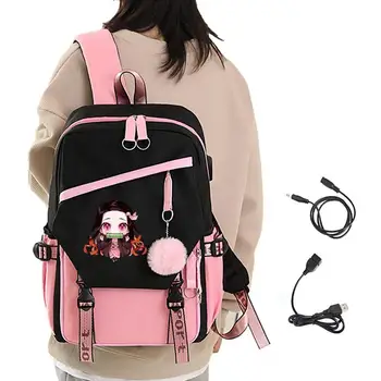 Рюкзак DemonSlayer С USB-Портом Для Зарядки, Школьная Сумка Большой Емкости, Детский Рюкзак Аниме, Сумка Для Книг, Повседневный Рюкзак Для девочек
