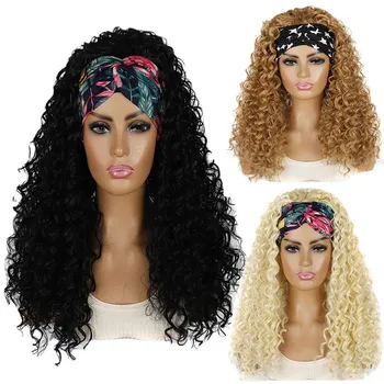 Парик-повязка на голову Синтетические парики-повязки на голову с водной волной для чернокожих женщин, парики с глубокими волнами с прикрепленными повязками, полупарик черного цвета без клея