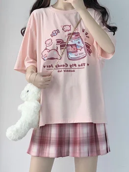 Летняя футболка Kawaii, Женская футболка с рисунком милой свиньи, футболка с рисунком Японской милой девушки в стиле Харадзюку, Графический топ Femme