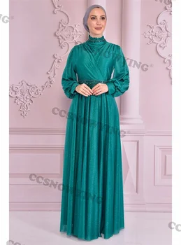 Модные мусульманские вечерние платья с блестками, Исламские вечерние платья с длинным рукавом, женские Арабские халаты с высоким воротом