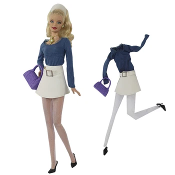 Модная Белая кожаная юбка, топы с длинными рукавами, Обувь, чулки, сумка, комплект одежды для куклы Барби, наряды для кукол 1/6, Аксессуары для кукол