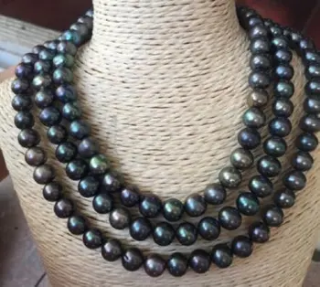 бесплатная доставка, одинарное 8-9 мм круглое таитянское черно-зеленое жемчужное ожерелье 49 дюймов