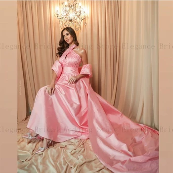 Розовые атласные платья на бретелях для выпускного вечера Musilm со стреловидным шлейфом, Саудовское вечернее платье трапециевидной формы для женщин 2023 года без рукавов, без рукавов, без рукавов